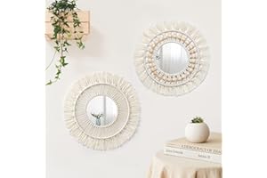 Betylifoy Espejo de Pared Colgante de Macramé de 2 Piezas con Flecos Tejidos Espejo Decorativo Redondo Bohemio con Cuentas de Madera para Decoración de Dormitorio de Apartamento