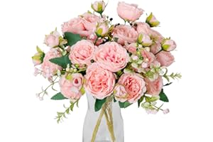 JUSTOYOU Lot de 4 bouquets de pivoines artificielles avec 20 têtes de fleurs artificielles en soie pour mariage, maison, table, fête, décoration de fenêtre (rose)