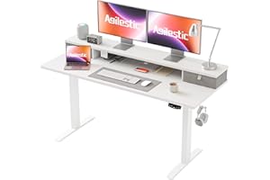 ‎AGILESTIC Agilestic Höhenverstellbarer Schreibtisch mit 2 Schubladen, 140 x 60 cm Stabiler Schreibtisch Höhenverstellbar Elektrisch, Ergonomischer Steh-Sitz Tisch Computertisch, Weiß