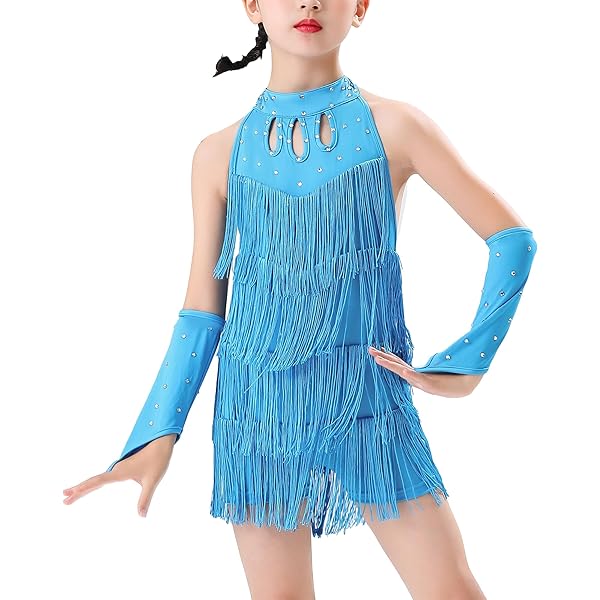 Vestito Da Ballo Latino Per Bambine Con Frange - Costume Salsa Competizione, Verde Taglia 140cm - Foto 13