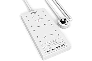 SE UKASE Extension Lead with USB Slots, 6 Way Socket Surge Protection with 6 USB Charger(2C+2A) Multi Plug 2990W Safety Shutter with 1.8M Extension Cord for TV PC Laptops Tablets