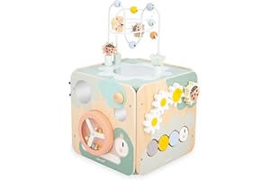 JANOD - Duża kostka wielofunkcyjna Sweet Cocoon - 11 zajęć dla dzieci - Zabawka stymulująca - Dobra motoryka - Zabawka drewniana FSC - Od 18 miesięcy, J04060