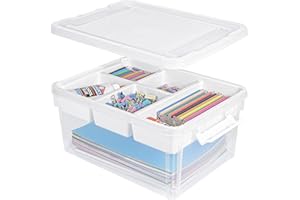 Creahaus 16L Organizers and Storage Box with Removable Tray, Durable Plastic Containers with Lids and Latching Buckles, Stackable Art & Craft Box for Art, Playdoh, Tool, Craft, Toy (WHITE)