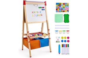 VEVOR Chevalet d'Art Enfants 3-en-1 Tableau Magnétique Blanc Noir Double Face, Planche à Dessin Bois Debout Réglable, Accessoires, Rangement, Support Rouleau Papier, pour Créativité, Garçons, Filles