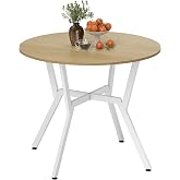 HOMCOM Round Dining Table 2-4 People 90x90x76cm Natural and White | Industrial Kitchen Table, Curved Steel Legs, for Living R