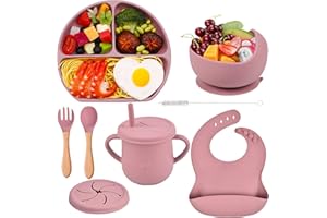 Hoseay Vajilla Bebe Silicona 8 Piezas Vajilla Infantil Antideslizante con Ventosa Plato Cuenco Cuchara Vaso Tenedor Babero Vajilla Bebe Set Aprendizaje Niña Sin BPA para Lavavajillas, Rosa