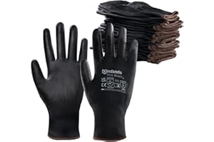 ANDANDA Gants de Travail Lot de 12 Paires, Gants Mecanicien Tricoté sans Couture, Paume et Doigt Enduit PU, Bonne Adhérence, Gant Bricolage, l'Entreposage, la Logistique, l'Assemblage, Noir, L