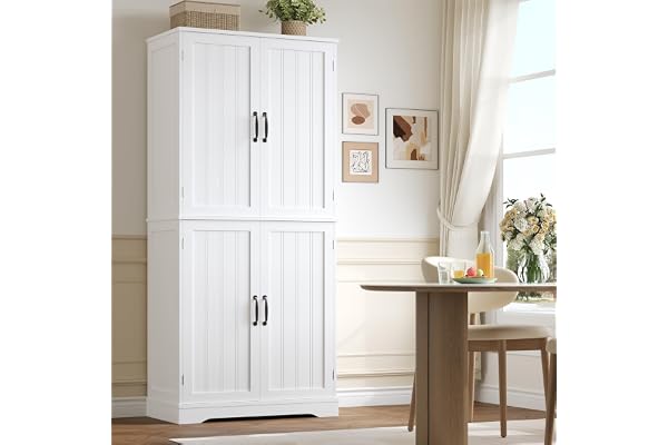HOCSOK Köksskåp, 180 cm högskåp, köksbufféskåp, vitt | Bufféskåp med 4 dörrar, matrumsskåp för vardagsrum, kök, 180 × 80 × 40 cm, MDF-platta