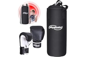 ‎PHYSIONICS Physionics® Kinder Boxsack-Set - mit Boxhandschuhen 8oz, Gefüllt, Ø25 cm, H60 cm, Gewicht 9kg, Karabinerhaken, für Junior Training - Sandsack, Kickboxen, MMA, Kampfsport, Muay Thai, Punching Bag
