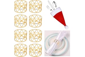 HKQP Anelli Portatovagliolo 8 Pezzi Anelli Tovagliolo Metallo Cavo Retrò Fibbie per Portatovaglioli in Oro per Nozze, Compleanno, Natale Festa Tabella Decorazioni con 2 Pcs Mini Cappello Babbo Natale