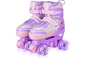 LOKJIJI Roller Skates for Girls Kids Child Beginners, Adjustable 4 Sizes Roller Skates for Kids and Youth with Light Up Wheels for Sports, Purple & Pink