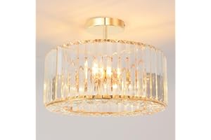 ANWIO Gold Crystal Ceiling Lights,3-Light Modern LED Chandeliers Fitting,Industrial Crystal Semi Flush Mount Ceiling Lighting for Hallway Living Room Kitchen Bathroom,Dia 36.5cm,(E27 Base)