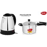 Pigeon by Stovekraft Amaze Plus 1.5 Litre Electric Kettle, Black & Favourite Aluminium Pressure Cooker with Inner Lid, 5 litres, Silver Combo