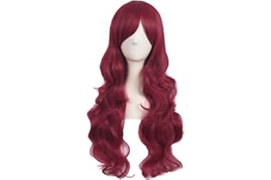 Mapofbeauty 28 Pulgadas/70cm Encantadoras Mujeres Lado Flequillo Largo Rizado Peluca Sintetica Pelo Lleno(Rojo Sangre)