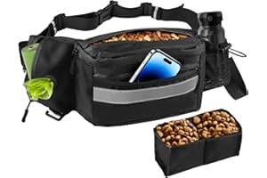 Razobws Borsa Porta Snack per Cani, Marsupio Impermeabile Multifunzionale con Dispenser Integrato e Strisce Riflettenti, Grande Capacità Borsa per Cani Addestramento e Passeggiate, Nero