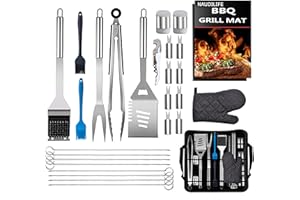 NAUDILIFE Set di 28 posate per barbecue, accessori per barbecue, regalo per uomini con guanti e tappetino da barbecue, in acciaio inox di alta qualità per il giardino e il campeggio per uomini e donne