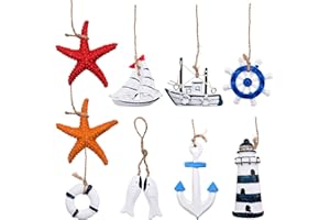 MRITRIT 9 sztuk dekoracyjnych zawieszek morskich, małe drewno, do ściany sieci rybackiej, zawieszki dekoracyjne, morze z wiszącą kotwicą, miniaturowe koło ratunkowe, mini łódź, rozgwiazda, ryba, wioślarnia