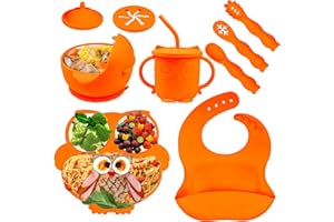 Bwaliffury Set Pappa Svezzamento Bambini Silicone, 9 Pezzi Set Svezzamento Silicone Piatto con Ventosa Ciotola Cucchiaio Bavaglino, Antiscivolo Bimbo Set Prima Pappa per Bambino (arancia)