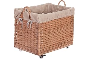 E-WICKER24 ALLES AUS WEIDE e-wicker24 Coffre de rangement, Panier à linge rectangulaire, panier en osier avec roulettes et doublure en tissu, malle rangement osier,corbeille, boite, coffre en roulettes(Naturel/jute)