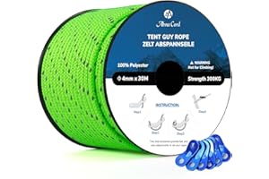 Abma Cord Guy Rope 4mm 30M Guy Line Tent Guide Rope with 6 Pcs Tensioners - Max. 300kg - Reflective Neon Green, AC-Z430-FG-NGREEN