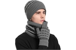 KRUIHAN Cappello Sciarpa e Guanti Set Guanti da Uomo Touch Screen Berretto Foderato in Pile Elasticizzato Cappello Sciarpa Inverno Termico 3 PZ Set Regalo per Uomo