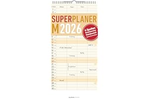 ‎ALPHA EDITION Alpha Edition - Superplaner M - Familienkalender 2026 – 22x45 cm – Farbenfroher Familien-Timer mit 4 Spalten & zusätzlichem Notizbereich – Ferienterminen – Perfekt für Familienorganisation