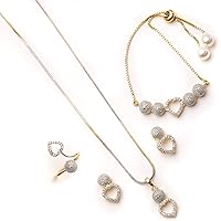 Zeneme Gold Plated Cubic Zirconia Pendant Set Ring Bracelet with Earring Jewellery for Girls & Women