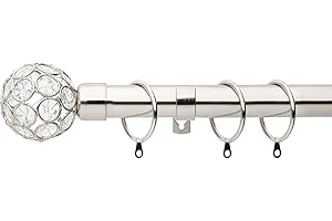 A.Unique Home Beaded Gem Metal Extendable Curtain Pole with Rings and Fittings, In a Variety of Colours and Sizes (25/28mm) (Brushed Steel, 120cm - 220cm, 47" to 87" Approx)