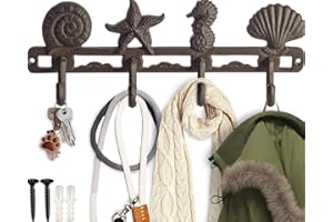 Comfify Wieszak na płaszcze w stylu vintage, muszla, rustykalny żeliwny wieszak ścienny z 4 dekoracyjnymi haczykami, w zestawie śruby i kotwice, dekoracja domu na plaży, brązowy