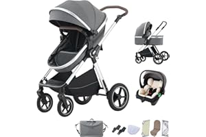 BEBBY 3-in-1 Kinderwagen KombiKinderwagen-Set 2-in-1 Buggy faltbar Luxus Hochlandschaft Neugeborenes Tragbarer Zusammenklappbarer Kinderwagen Travel System (D2-DEEPGREY, H2-D)