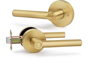 LOQRON Brushed Gold No Keys Privacy Door Handle, Round Design Keyless Heavy Duty Gold Interior Door Lever with Satin Brass Finish, Reversible for Left/Right Handed for Bedroom and Bathroom Door