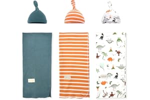 MIRACLE BABY 3 Pack Baby Swaddle Blanket 90×90cm with 3 Hat Set, Soft Knitted Cotton Receiving Blankets, Swaddle Wrap for Newborns Infants Babies (Dinosaur+Orange stripes+Dark green)