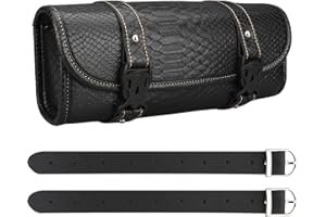 wiipara Motorcycle Tool Bag, Universal PU Leather Waterproof Saddlebag Handlebar Storage Bag for Motorcycle Front Forks Sissy Bar with 2 Straps (Black Crocodile, Large)
