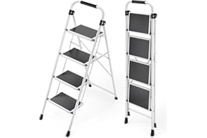 ‎KINGRACK KINGRACK Stufen Leiter, Klappleiter mit Anti-Rutsch und breitem Pedal, Kleine Leiter mit Griff, Robuste Stahlleiter, leichte und tragbare Trittleiter (Weiß, 4 Stufen mit handläufen)