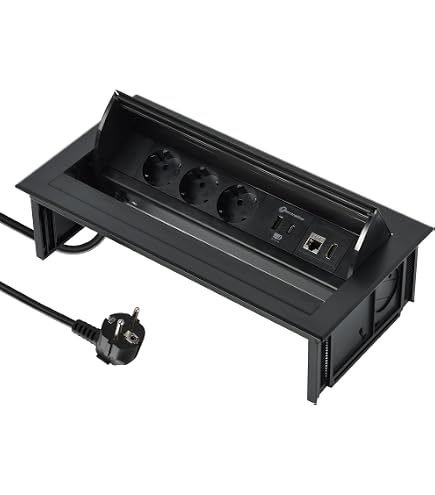 Einziehbare Tischsteckdose – Mit 2x Schuko, USB-A+C, LAN & HDMI, Silberfarben, Pop-up Design