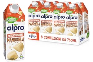 ALPRO SENZA ZUCCHERI, Bevanda alla MANDORLA, Alternativa Vegetale al Latte, Naturalmente Senza Lattosio, con Vitamine B2, B12, D2, E - 8 confezioni da 750 ml