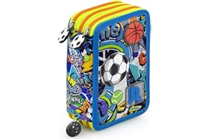 Plumier Triple 45 Piezas – Estuche Escolar Completo con Bolígrafos Gel Borrables, Lápices 4.0 mm, Rotuladores, Tijeras, Pegamento – Ideal Primaria y Regalo niño – fútbol y Baloncesto – Julian Ross