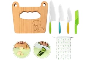 Goodchef Kit Couteau sécurité de Cuisine pour Enfants - 5 Pièces Couteau pour enfants pour la vraie cuisine des fruits et légumes pour les, enfants couteau de cuisine à partir de 2 ans (dinosaure)