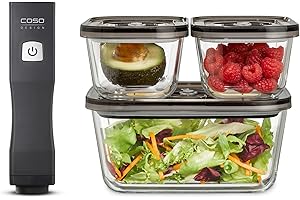 CASO Vacu OneTouch Eco Kit Handheld Vacuum Sealer with 3 Glass Vacuum Containers, 10 Zip Bags and Food Manager Stickers, Wireless, Up to 150 Minutes Runtime, Rechargeable