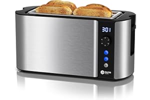 Balter Toaster 4 Scheiben, Langschlitz, Edelstahl, Brötchenaufsatz, LCD Display mit Restzeitanzeige, Auftaufunktion, Brotzentrierung, Krümelschublade, TS-04-LCD, Farbe: Silber