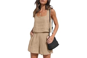 Sunfanrtnn Women Summer 2 Piece Outfits Linen Matching Sets Two Piece Lounge Shorts Sets Shorts Crop Tops with Pockets for Beach Vacation