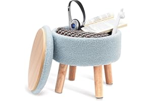 BRIAN & DANY Footstool with Storage, Faux Teddy Fur Round Storage Ottoman, Foot Stool with Legs Sofa Footrest for Living Room Entryway Office, Light Blue