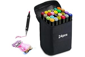 LEMIL Pennarelli in feltro con alcool a 24 colori, a doppia punta, asciugatura sicura e veloce, pennarelli da colorare, pennarelli permanenti, pennarelli da disegno con borsa in tessuto portatile e