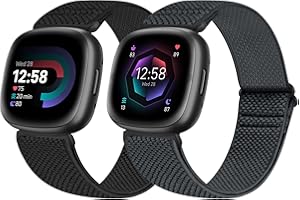 enkic 2 Pack Elastic Watch Strap Compatible with Fitbit Versa 4/3/Sense 2/Sense, Adjustable Nylon Loop Sport Strap, Stretchy Replacement Wristband, Black+Gray