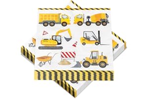 EPOKUS Servietten Bagger, 40 Stück Baustelle Servietten für Geburtstag, Servietten Tischdeko Baufahrzeug Bulldozer Radlader, Fahrzeuge Papierservietten für Kinder Geburtstag BAU Motto Party, 33 x 33 cm