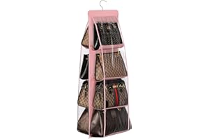 Lirex Handbag Hanging Organizer (8 Pocket) for Closet Storage, Oxford Cloth Purse Hanger for Family Bedroom, Foldable Universal Fit, Light Pink