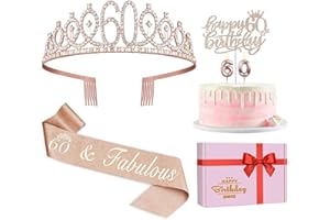 Amosking 60. Geburtstag Dekorationen Frauen, einschließlich 60. Geburtstag Krone/Tiara, Schärpe, Cake Topper und Kerzen, Happy 60th Birthday Dekorationen für Frauen