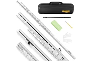 SONICAKE C Flutes Closed Hole 16 Keys Flute for Beginner Flute Instrument with Cleaning Kit, Stand, Carrying Case, Gloves, Tuning Rod Silver