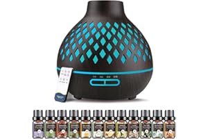 AESHORY Difusor de Aceite Esencial 550ML, Difusor de Aromas con 12 x 5ML Aceites Esenciales, Silencioso Humidificador Ultrasónico con Luces LED e Control Remoto para Hogar, Yoga - Marrón