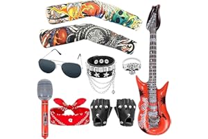 Benaewa 10 Pcs Rockstar Fancy Dress Kids, Heavy Metal Rock Star Costume Set for Women Men Halloween 80s Disco Party